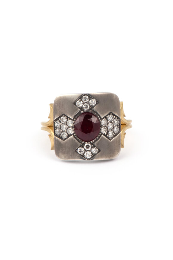 Sylva & Cie Small Burmese Ruby & Diamond Cross Ten Table Ring - view 1