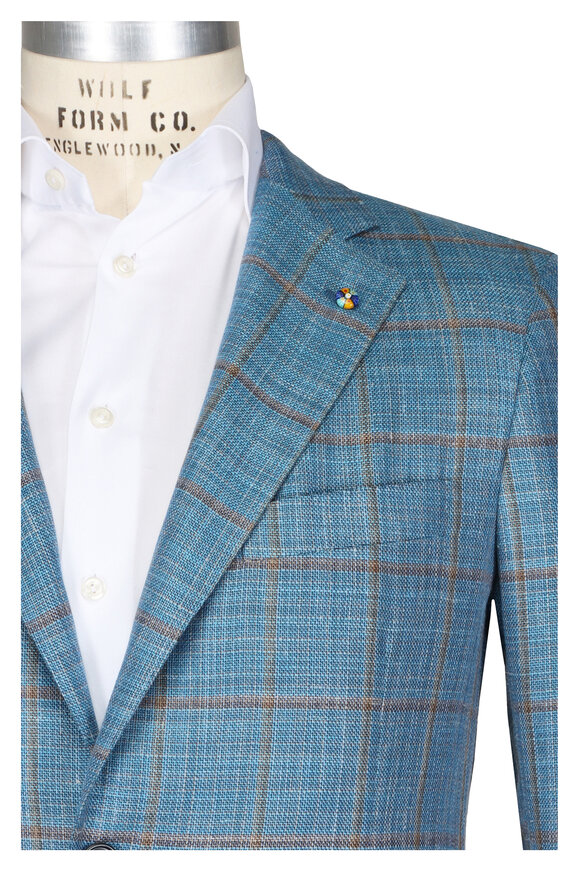 Belvest Teal Blue Windowpane Wool Sportcoat