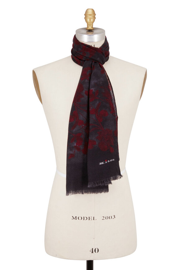 Kiton - Dark Grey & Rust Pattern Cashmere Scarf