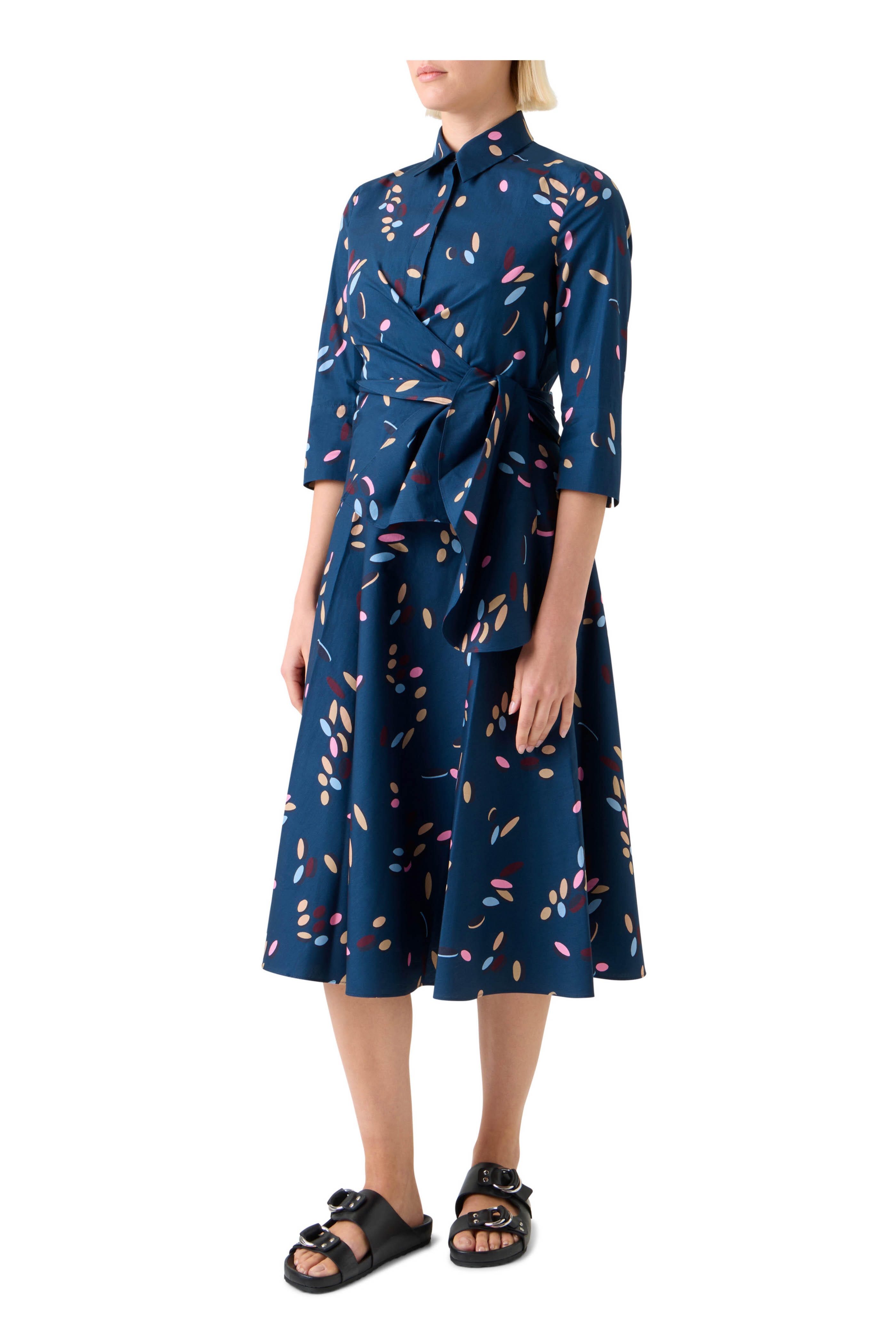 Akris Punto - Blue Falling Dots Print Cotton Faux Wrap Dress