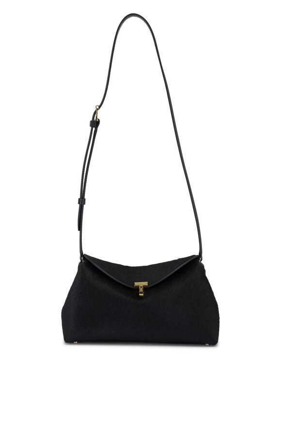 Totême T-Lock Black Pony Hair & Leather Clutch