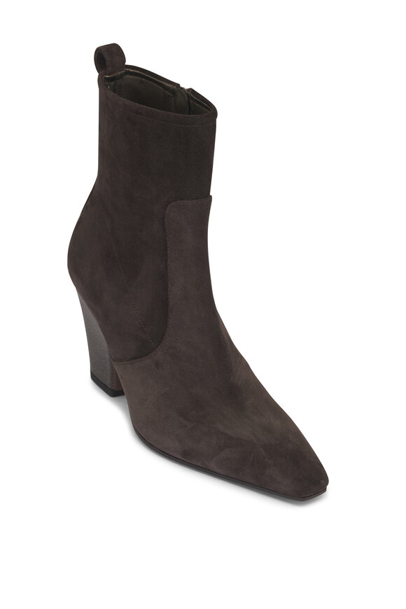 Brunello Cucinelli Brown Suede Monili Block Heel Bootie, 85mm - view 1