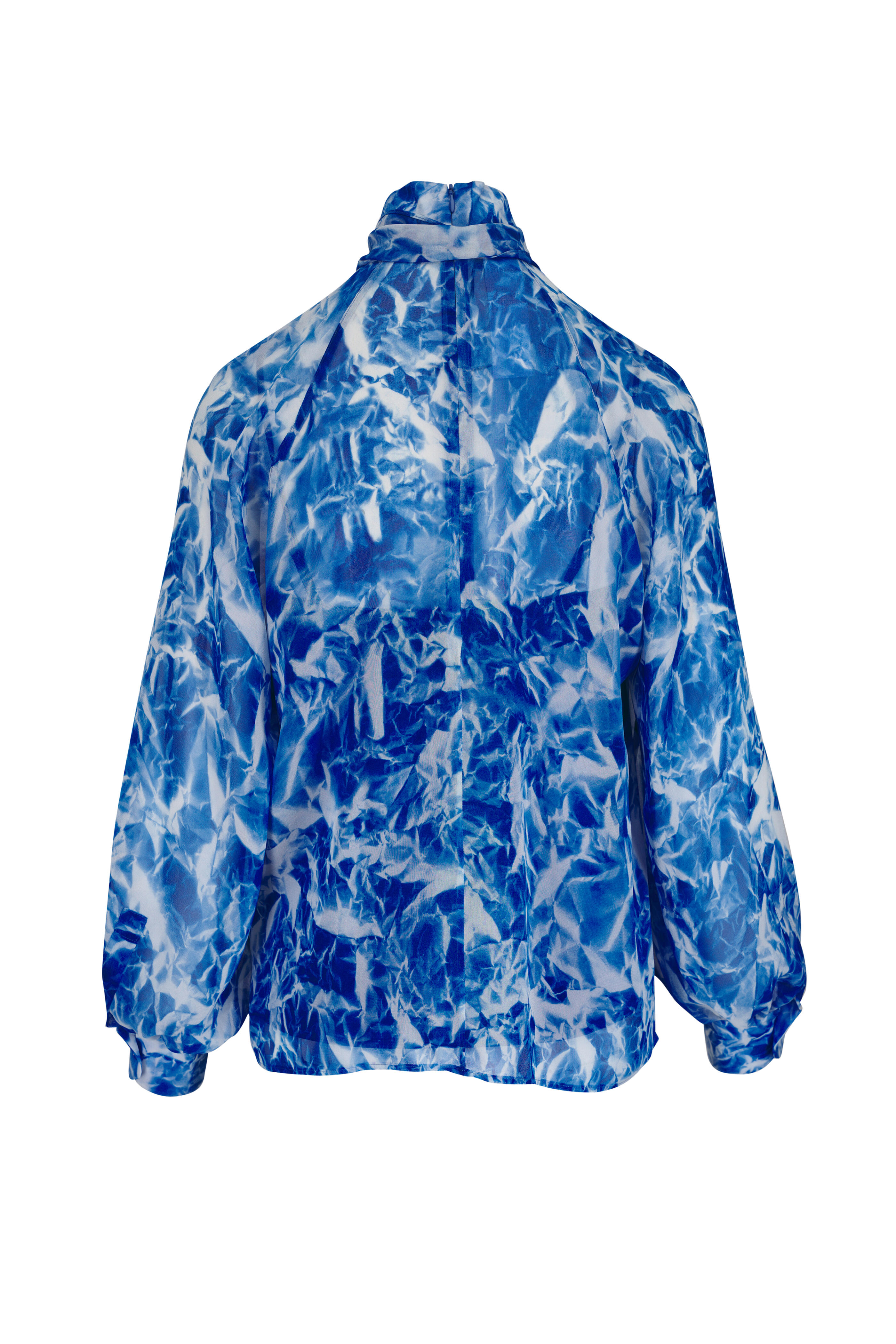 Akris - Twilight Blue Whitecaps Print Tie Neck Bow Blouse