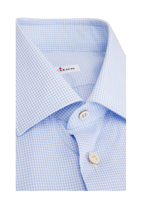 Kiton Light Blue Gingham Cotton Sport Shirt - view 3