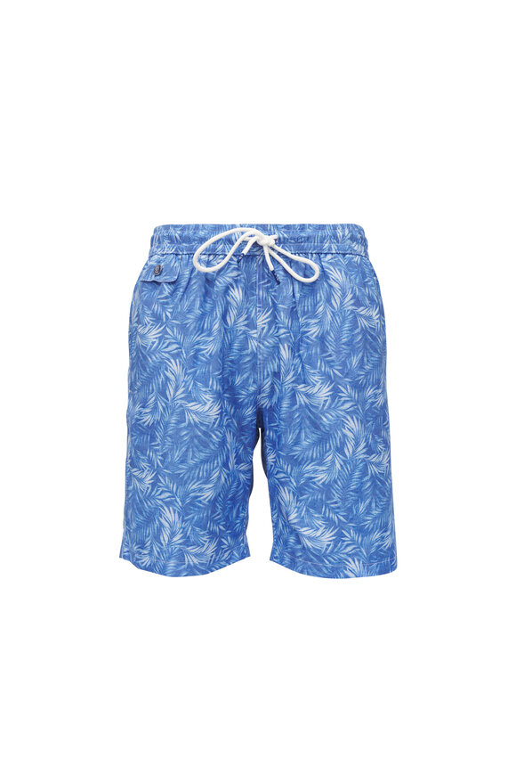 Tiki Blue Leaves Print Swim Trunks