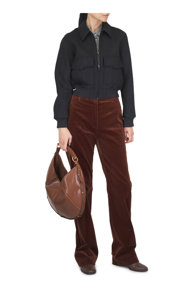 Designer outfit featuring Redley Gray Wool Bomber Jacket, Gaia Black & Ivory Stripe Silk Button Up Shirt and 2 other pieces