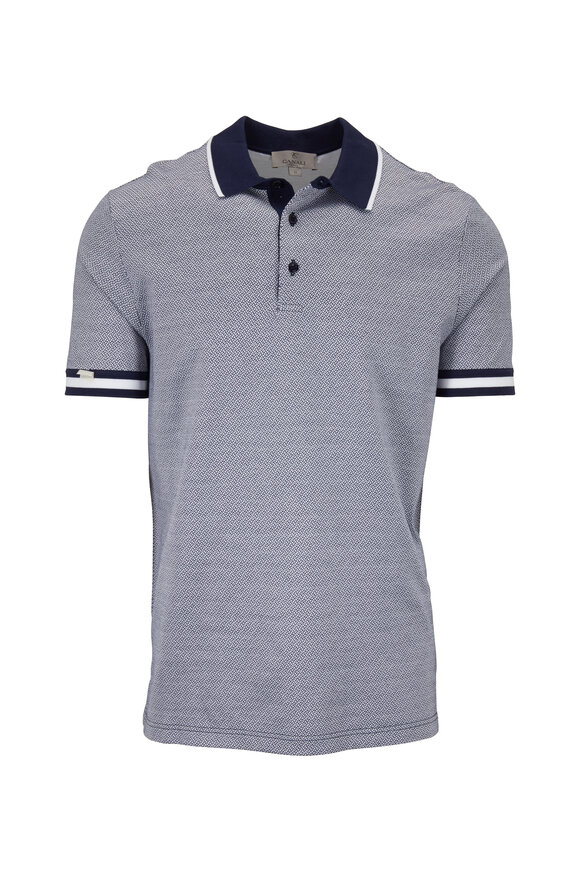 Canali - Navy & White Printed Cotton Short Sleeve Polo