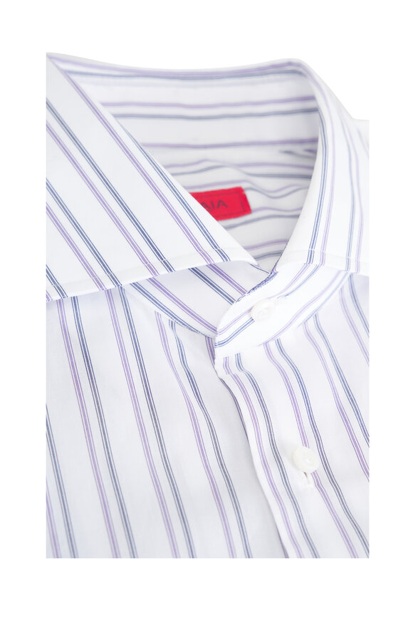 Isaia Purple, Navy & White Stripe Cotton Dress Shirt - view 3