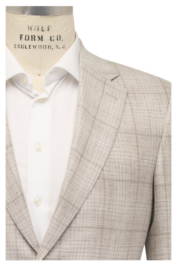 Brioni Off White Plaid Wool, Silk, & Linen Sportcoat