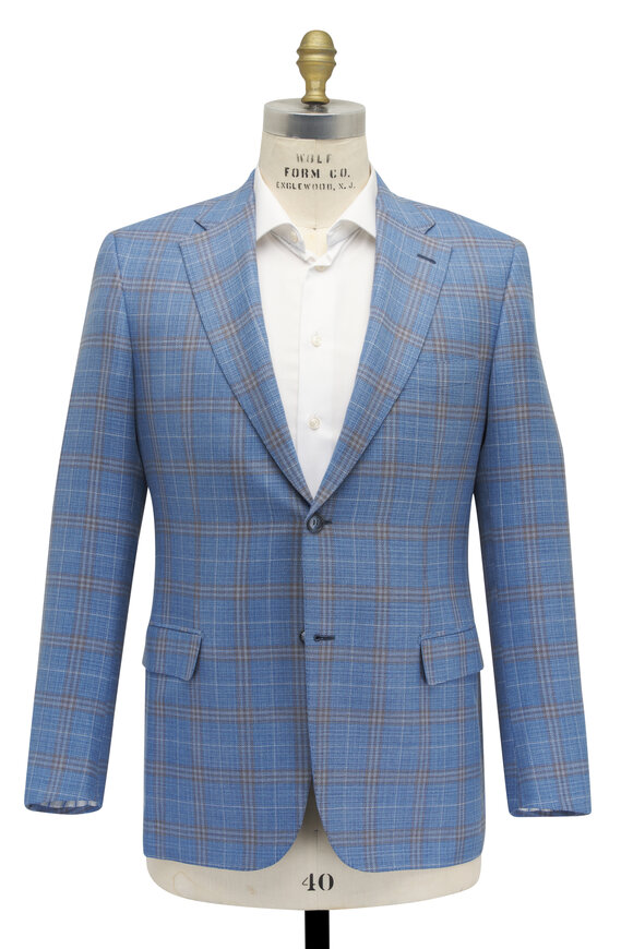 Brioni - Light Blue & Brown Plaid Wool Sportcoat