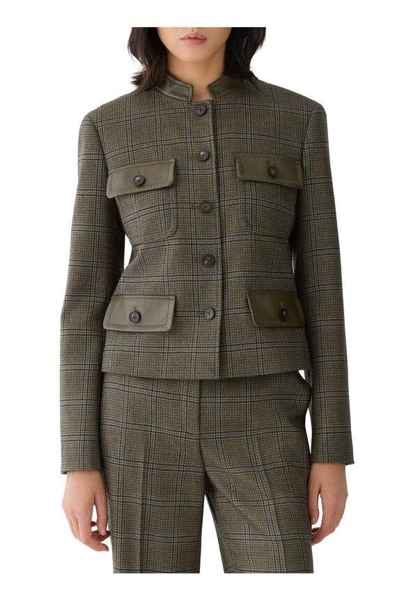 Lafayette 148 New York Olive Green Glen Plaid & Leather Cropped Jacket - view 2