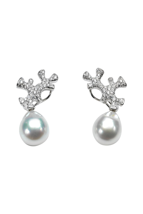 Assael - Platinum Coral Branch Pearl Diamond Earrings