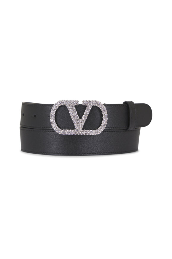 Valentino Garavani VLogo Rhinestone Black Leather Belt