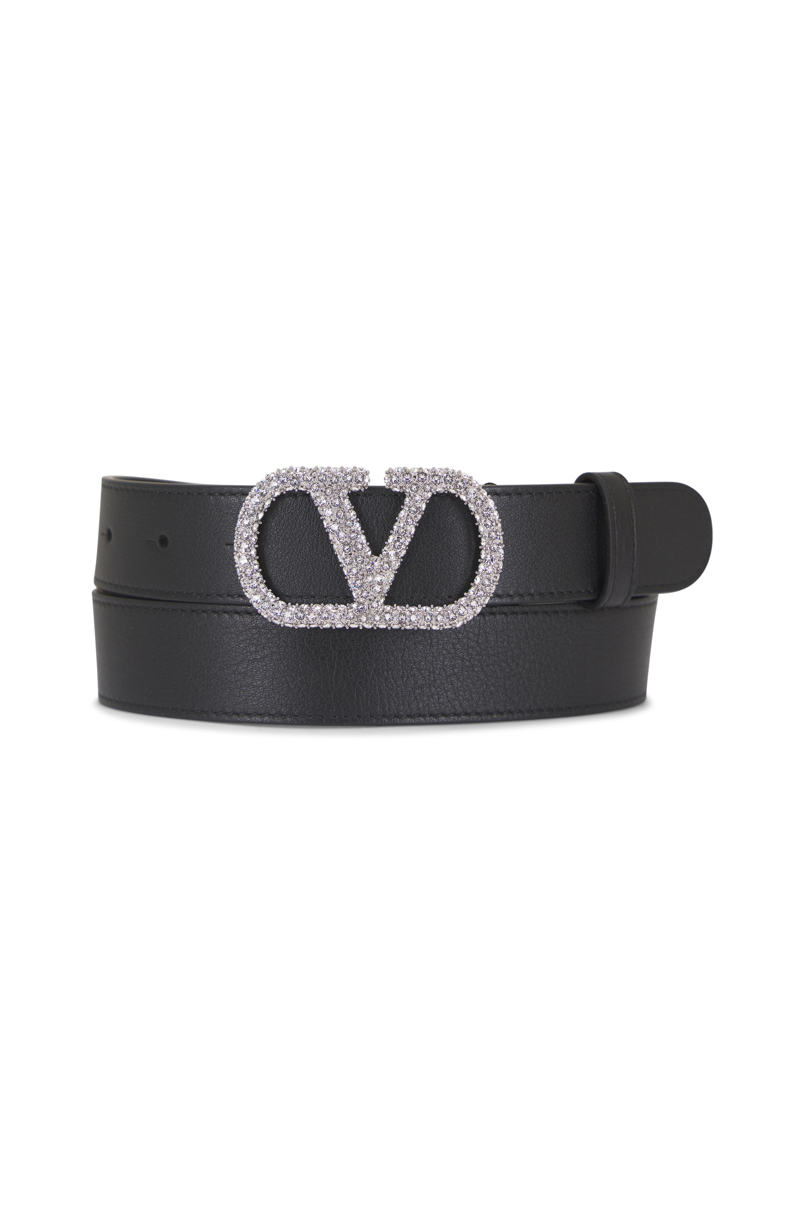 Valentino Garavani - VLogo Rhinestone Black Leather Belt