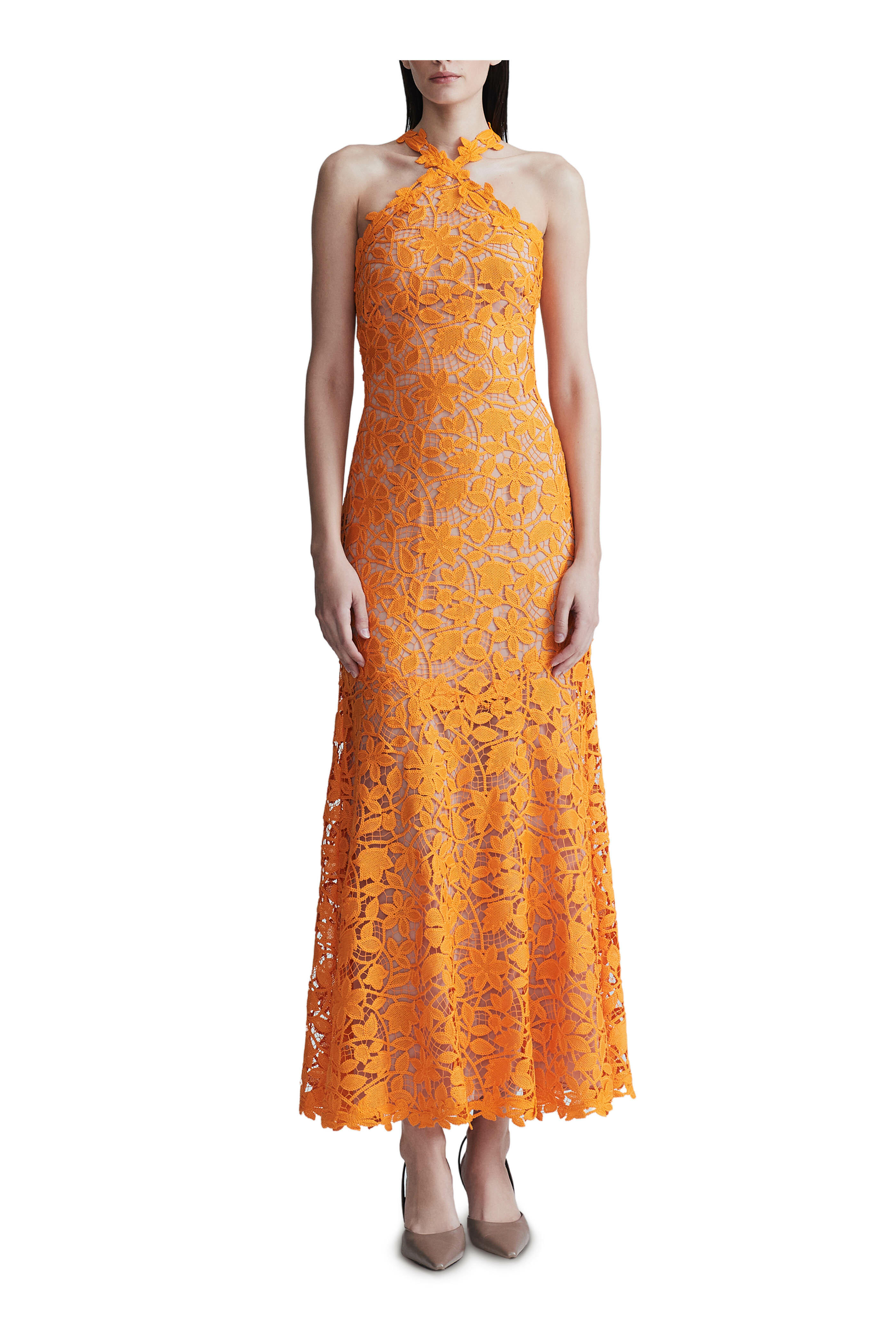 Lela Rose - Tangerine Floral Guipure Lace Halter Maxi Dress