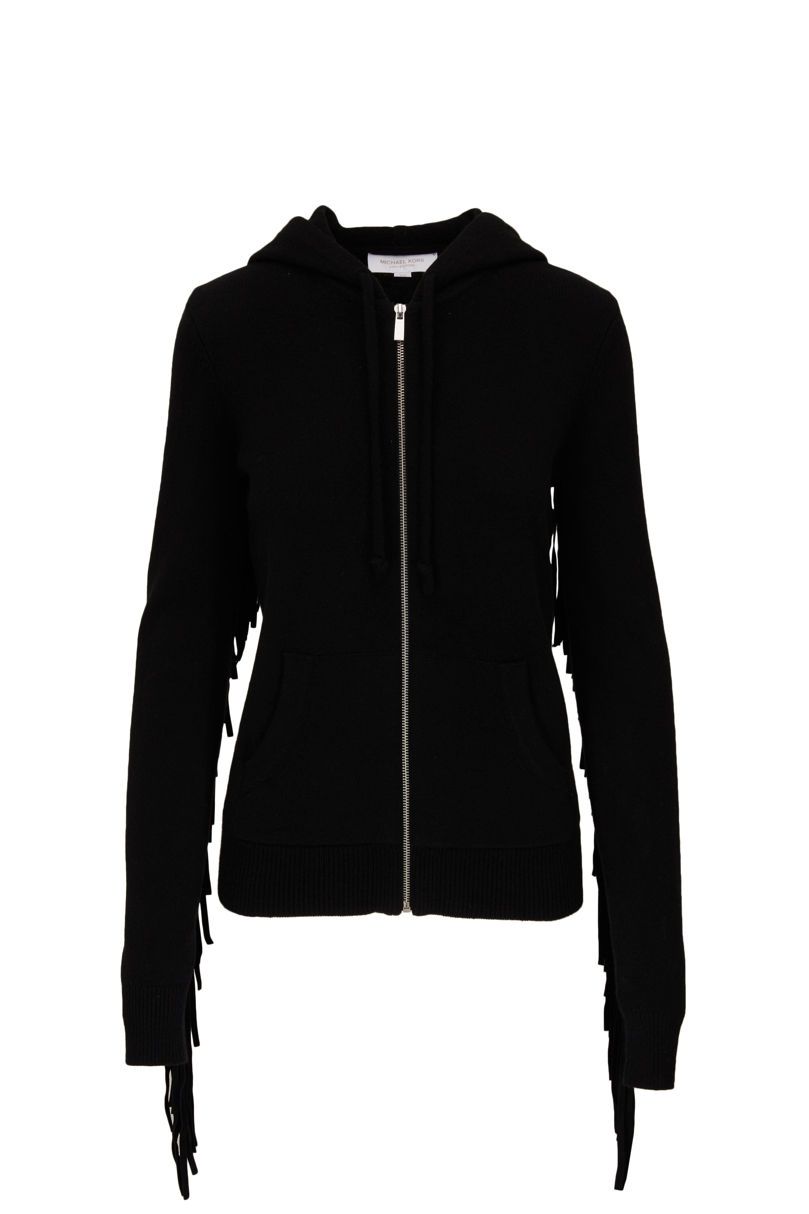 Michael Kors Collection - Black Cashmere & Leather Fringed Zip Hoodie