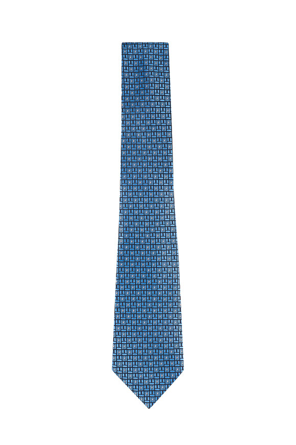 Zegna Blue Geometric Print Silk Necktie