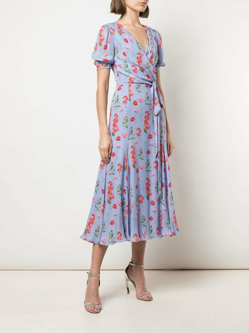 Carolina Herrera - Blue Multi Silk Floral Short Sleeve Dress
