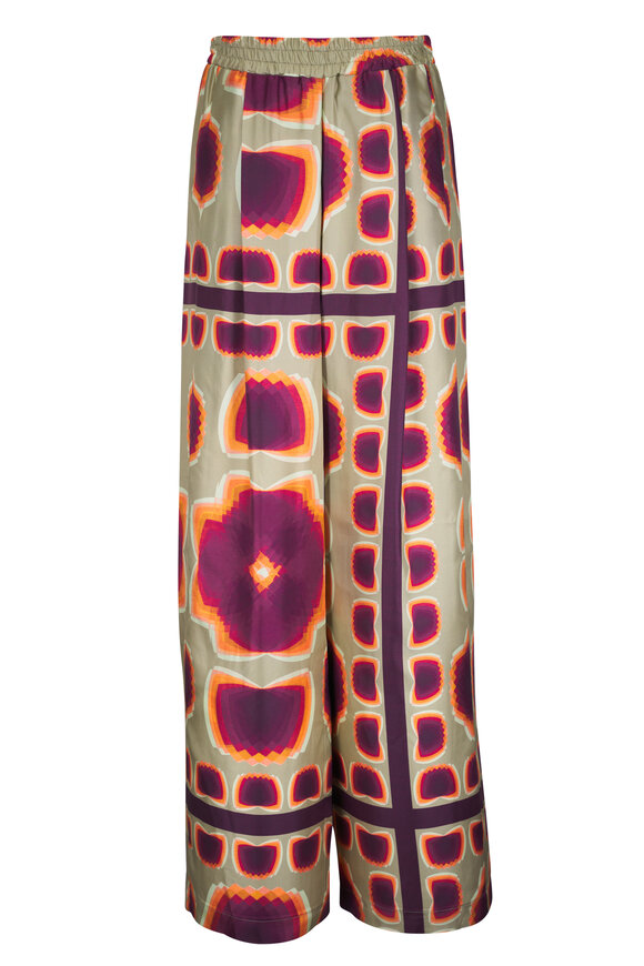 Odeeh Mirror Pansies Green & Purple Silk Print Pant