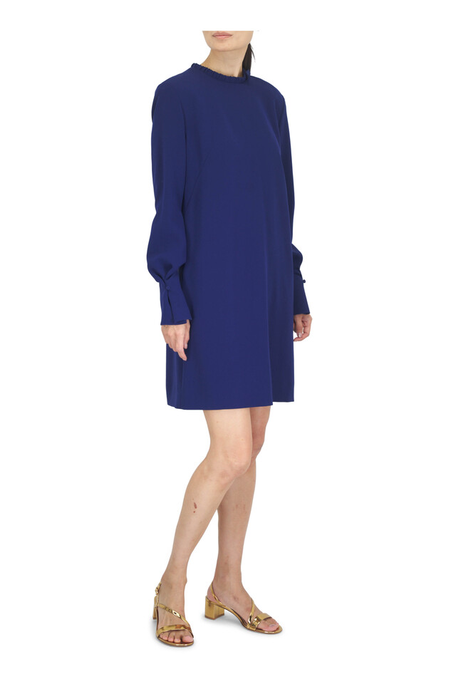 Designer outfit featuring Statement Drape Ocean Blue Mini Dress and Betsy Mekong Metallic Leather Sandal, 45mm