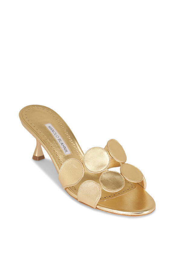 Manolo Blahnik Haribalmu Gold Leather Circle-Cut Mule, 50mm - view 1