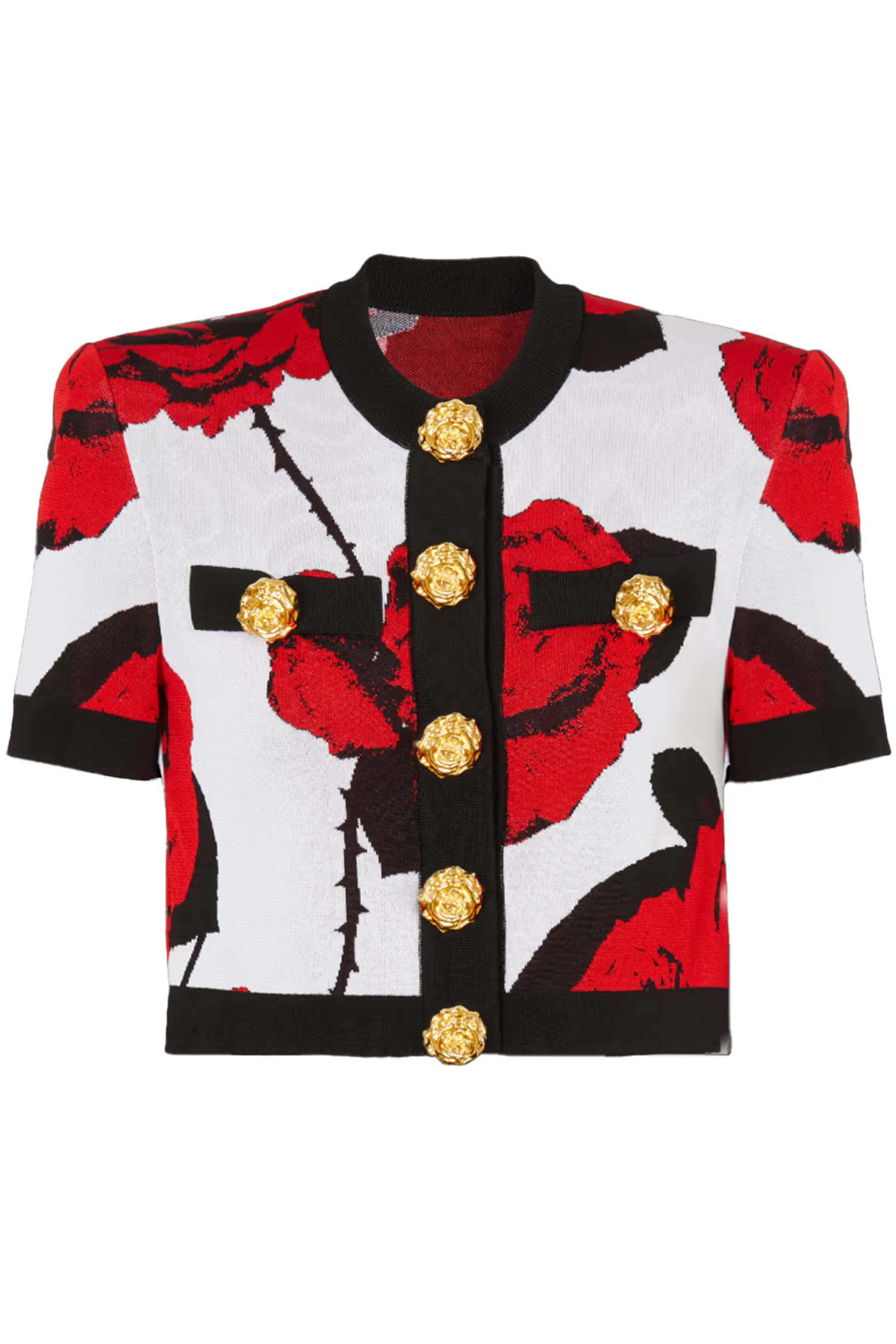 Balmain - Blanc and Rouge Rose Jacquard Crop Cardigan