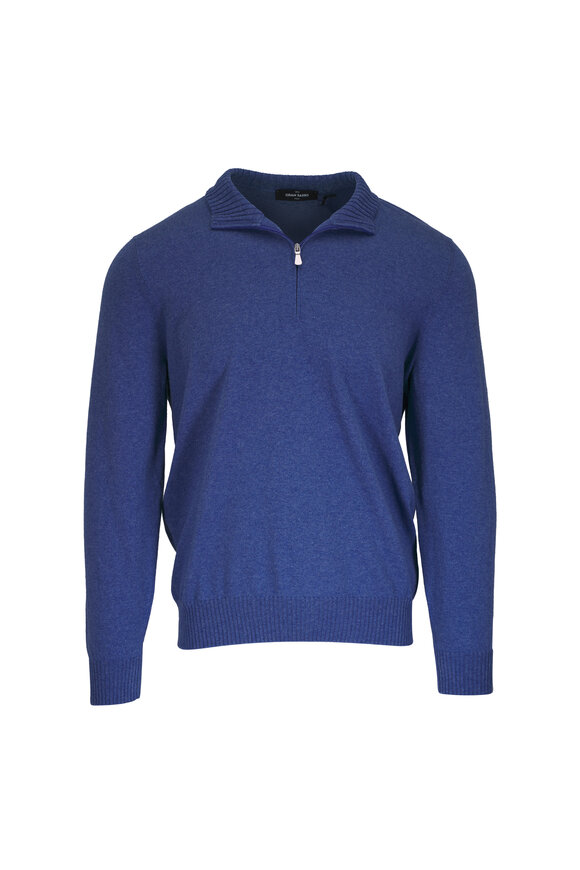 Gran Sasso Blue Cotton & Cashmere Quarter Zip Pullover