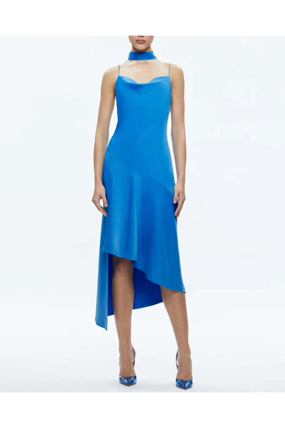 alice + olivia harmony asymmetric midi dress & With approximately 33 inches Satin Swatch Color Calla asymmetrical dropped waist Color:Same As Pic