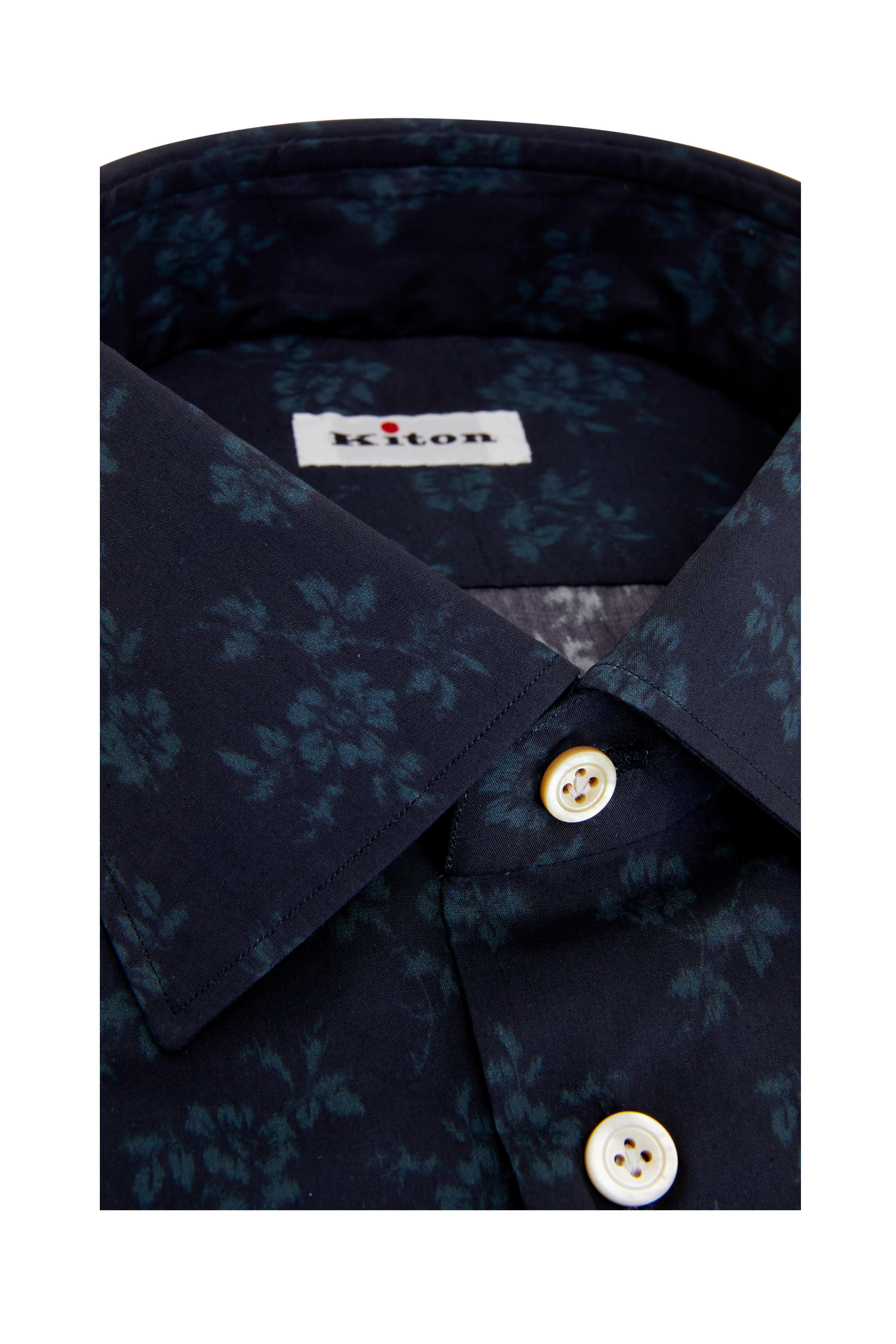 Kiton - Navy Floral Print Cotton Dress Shirt