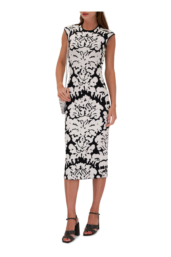 McQueen - Damask Jacquard Black & White Midi Dress 