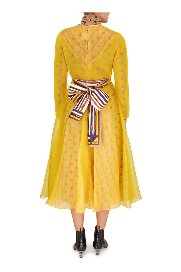 Fendi - Yellow Organza Long Sleeve Belted Cocktail Dress 