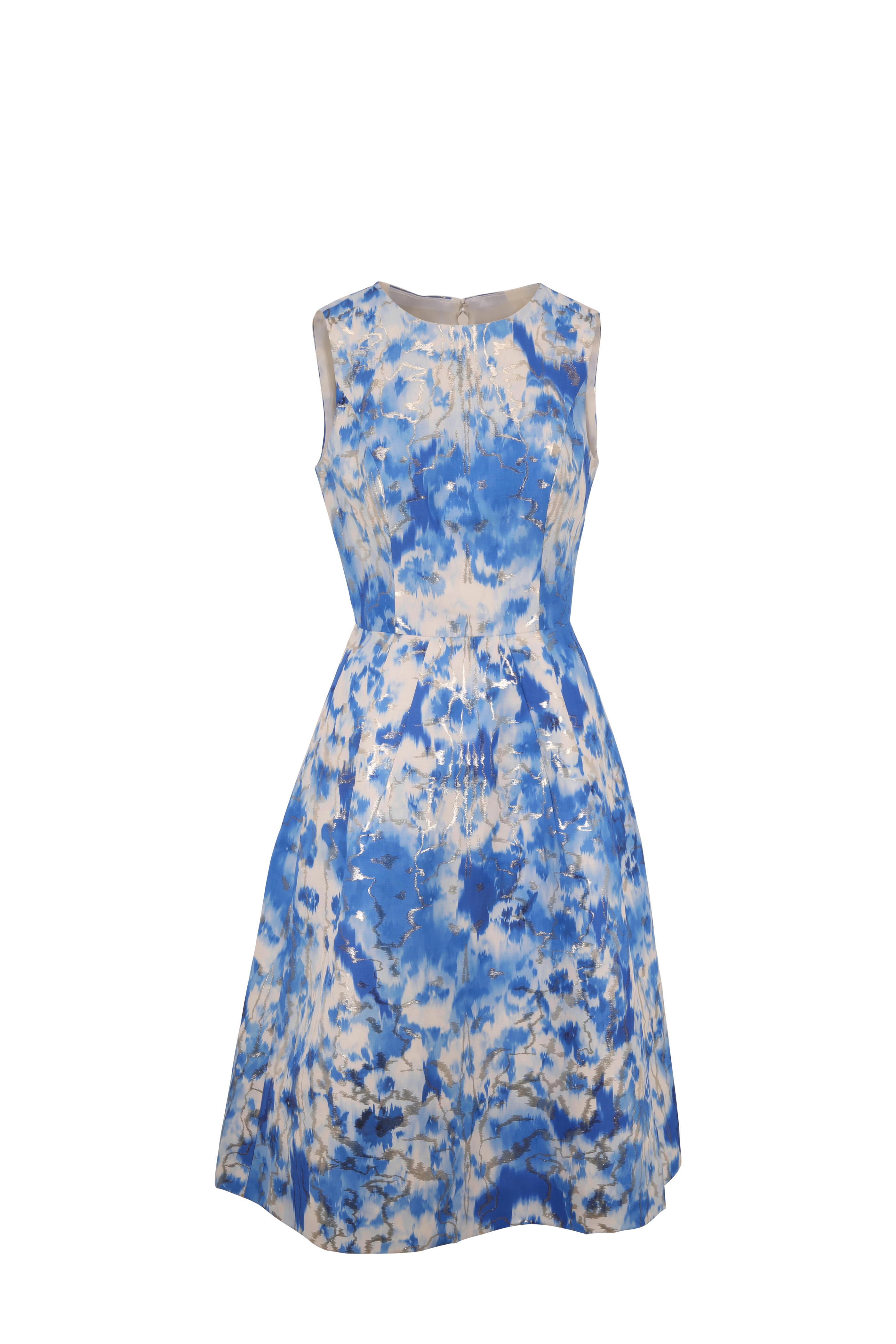 Carolina Herrera - Frida Blue & Ivory Metallic Sleeveless Dress