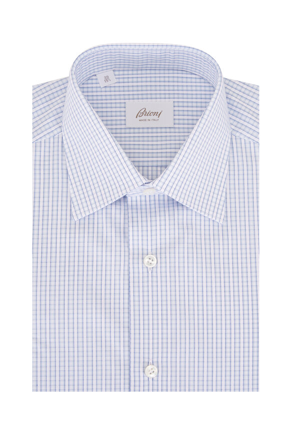 Brioni White & Blue Check Cotton Dress Shirt
