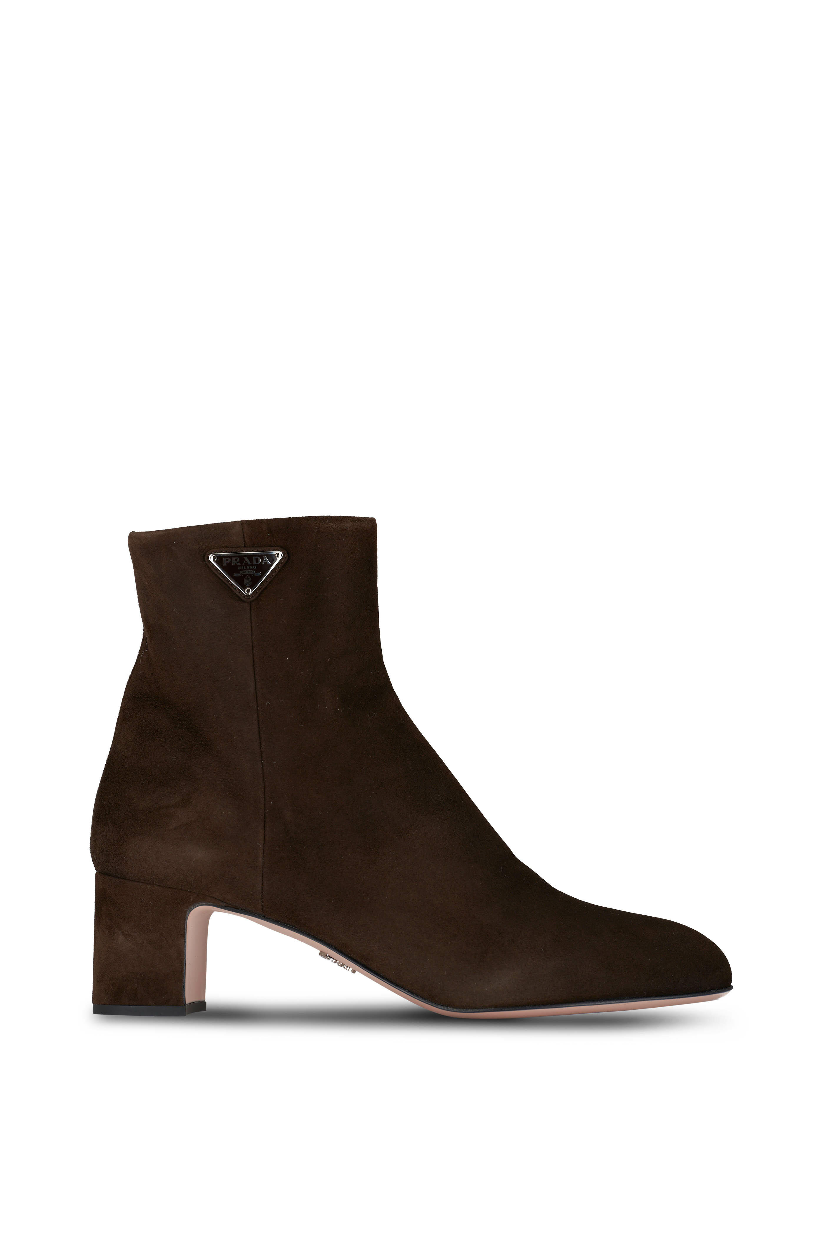 Prada - Dark Brown Suede Logo Short Boot, 55mm | Mitchell Stores