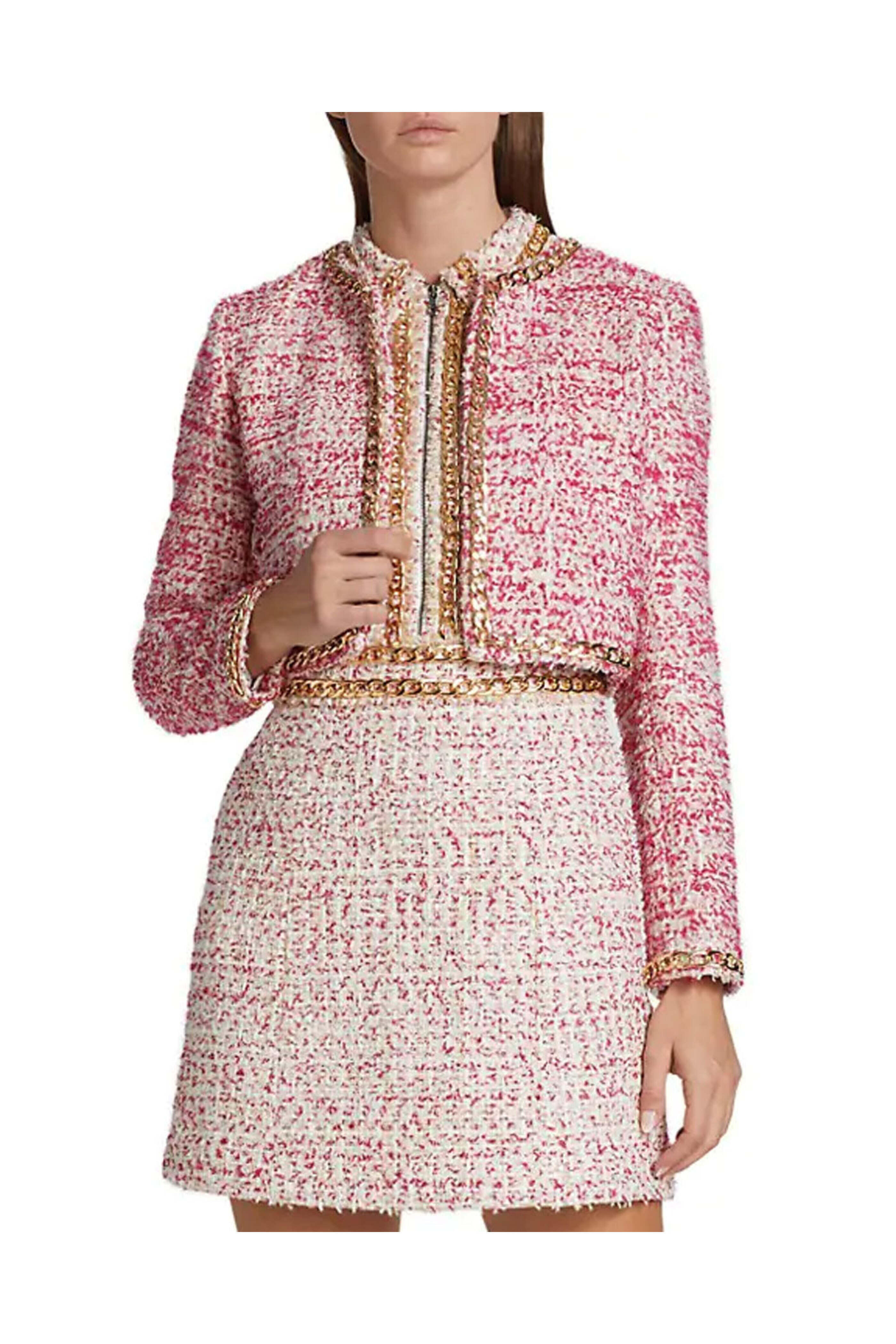 Alice & Olivia - Off White Raspberry Kidman Cropped Tweed Jacket