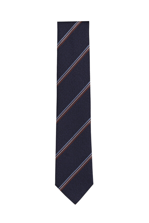 Geoff Nicholson Navy & Brown Stripe Silk Necktie - view 1