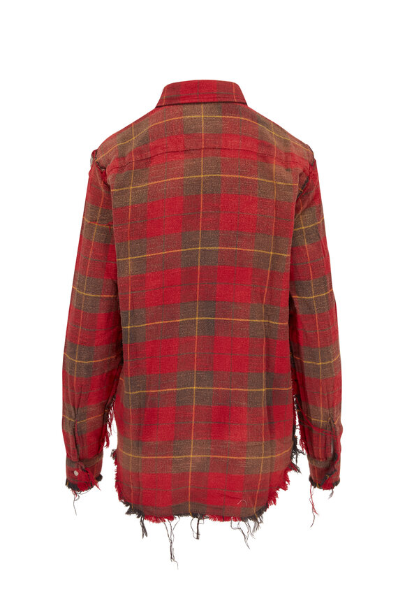 R13 - Red & Gray Plaid Shredded Seam Plaid Shirt 