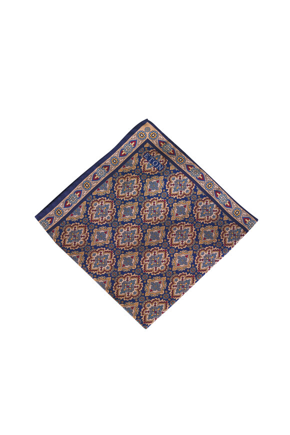 Eton Navy Medallion Dyed Silk Twill Pocket Square - view 1