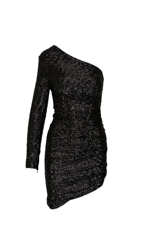 Michael Kors Collection - Black Sequin One Shoulder Ruched Mini Dress