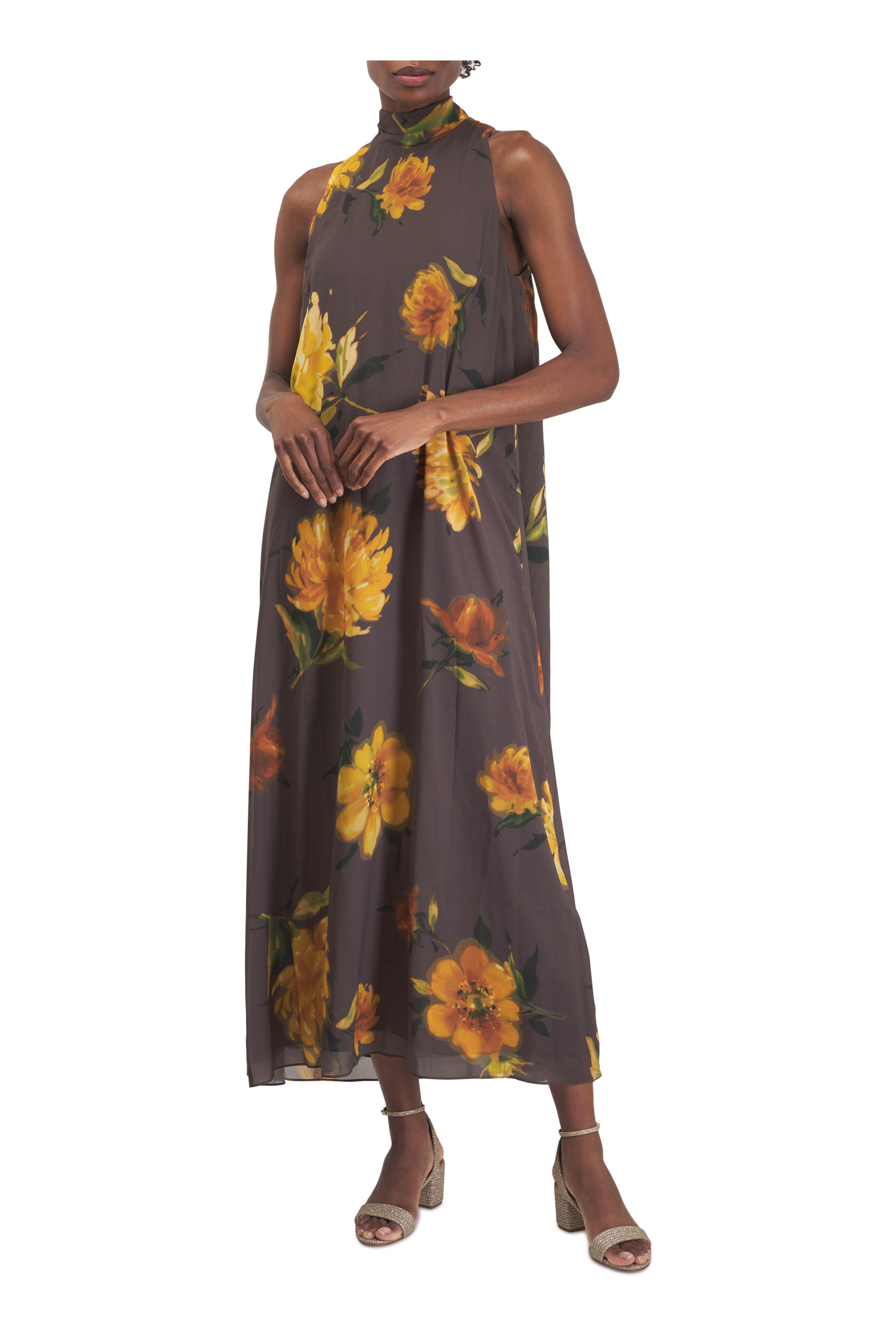 Lela Rose - Chocolate Multi Floral Printed Chiffon Maxi Dress