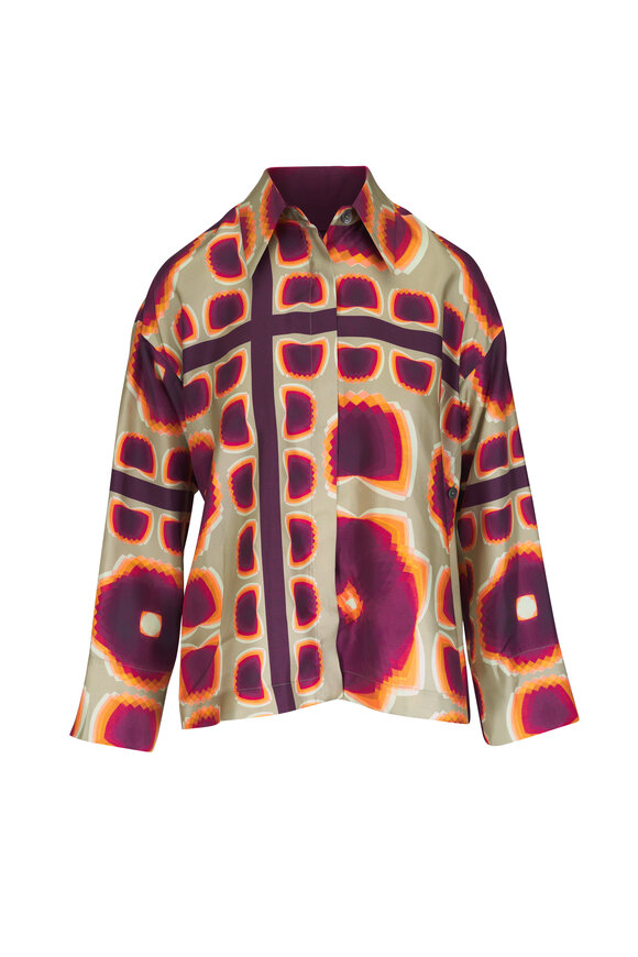 Odeeh Mirror Pansies Green & Purple Silk Twill Blouse