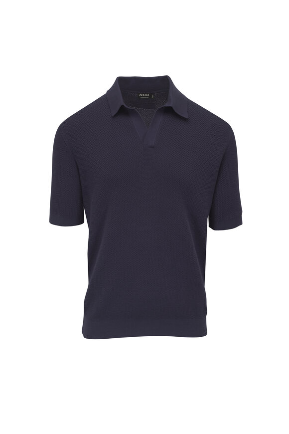 Zegna Navy Jacquard Johnny Collar Polo