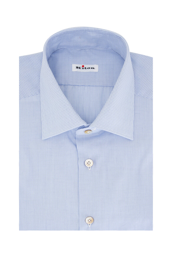 Kiton Light Blue Check Cotton Dress Shirt