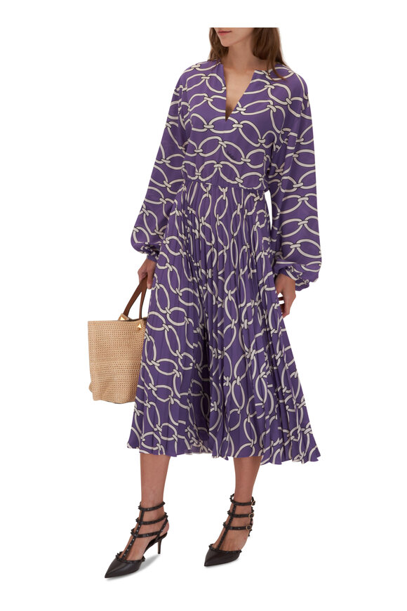 Valentino - Purple Chain Pattern Pleated Midi Dress 