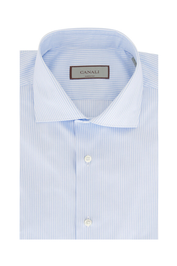 Canali - Light Blue & White Striped Cotton Sport Shirt