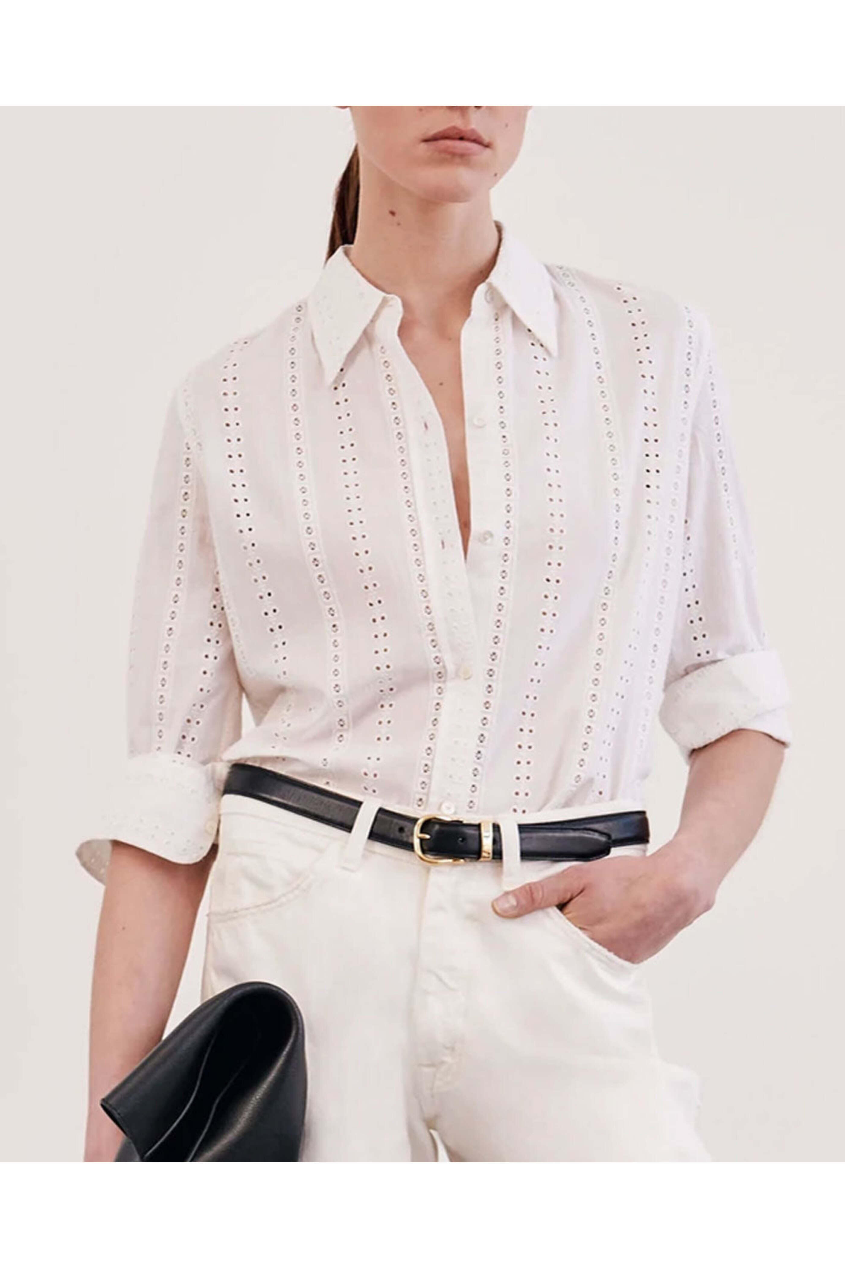 Nili Lotan - White Eyelet Button Up Kate Shirt