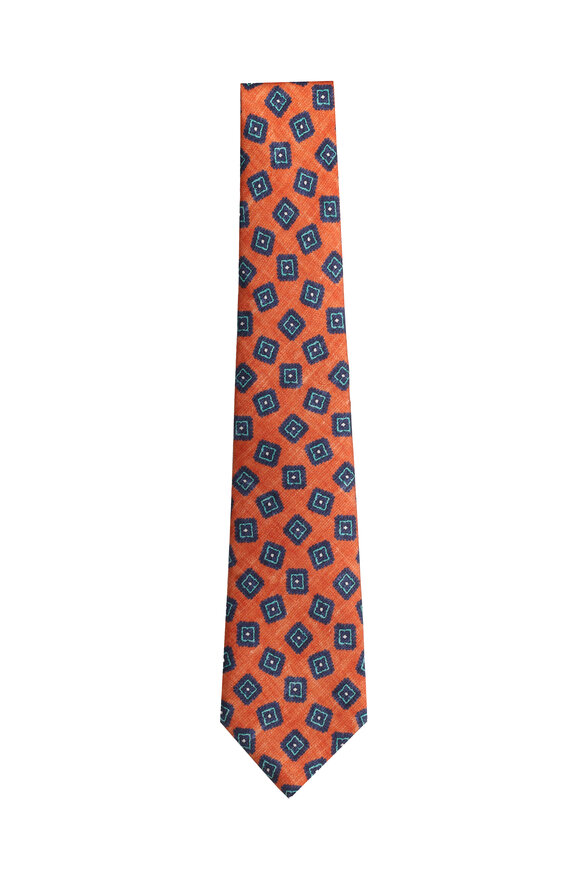 Kiton Orange & Navy Geometric Silk Necktie