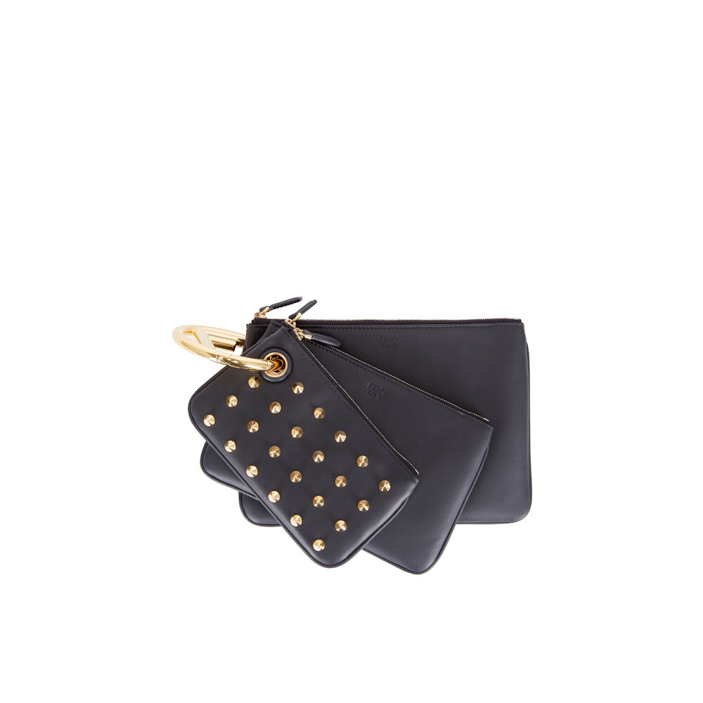 Fendi Triplette Black Leather Various Size Pouches