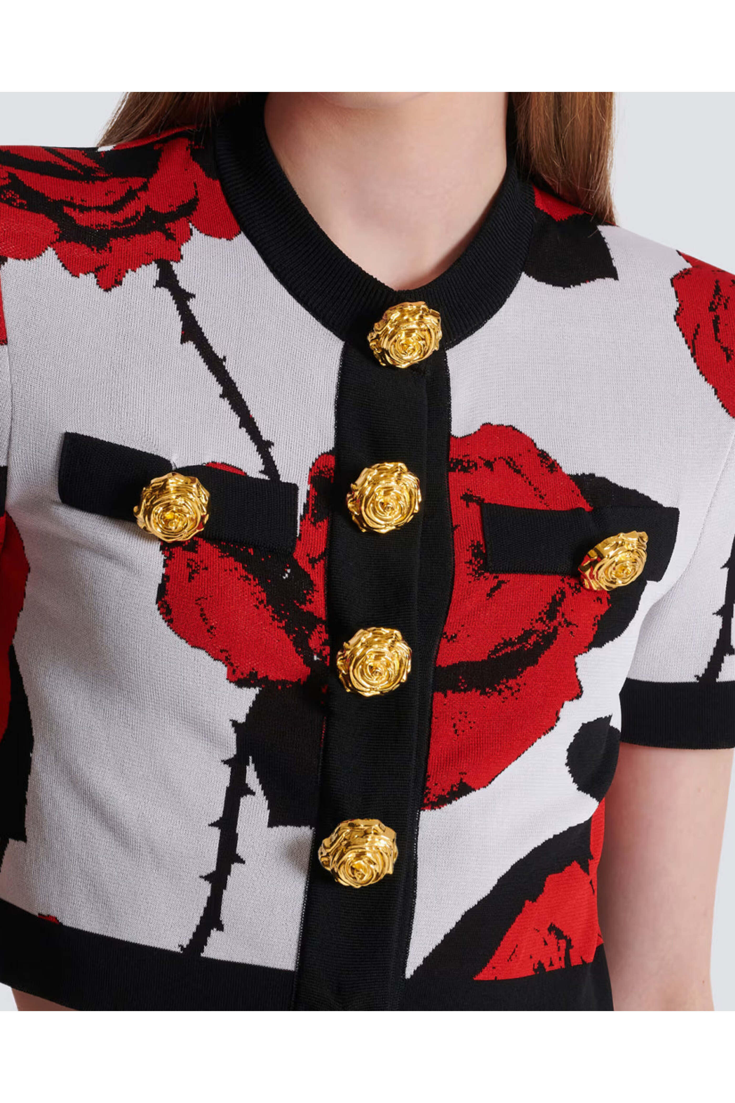 Balmain - Blanc and Rouge Rose Jacquard Crop Cardigan