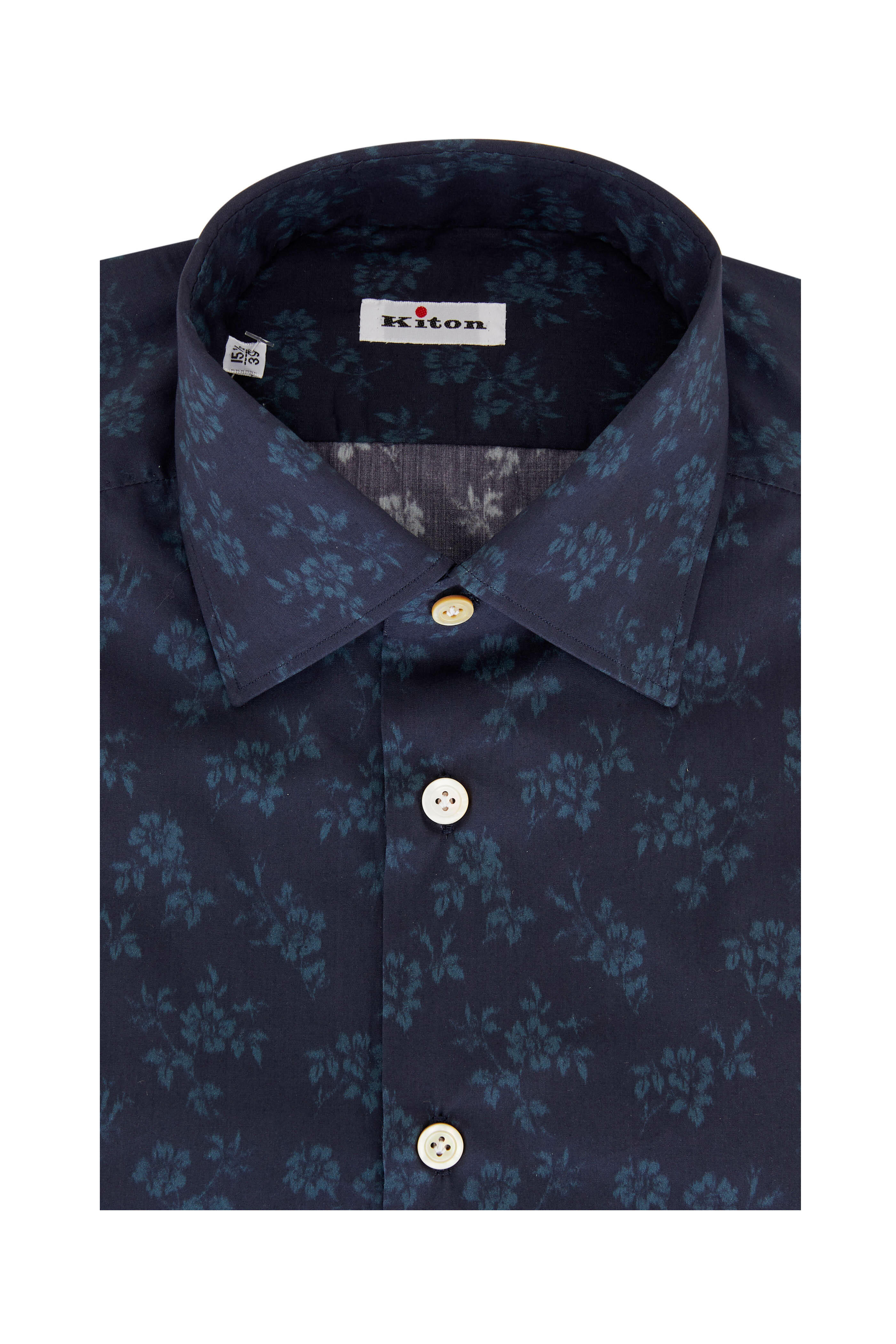 Kiton - Navy Floral Print Cotton Dress Shirt